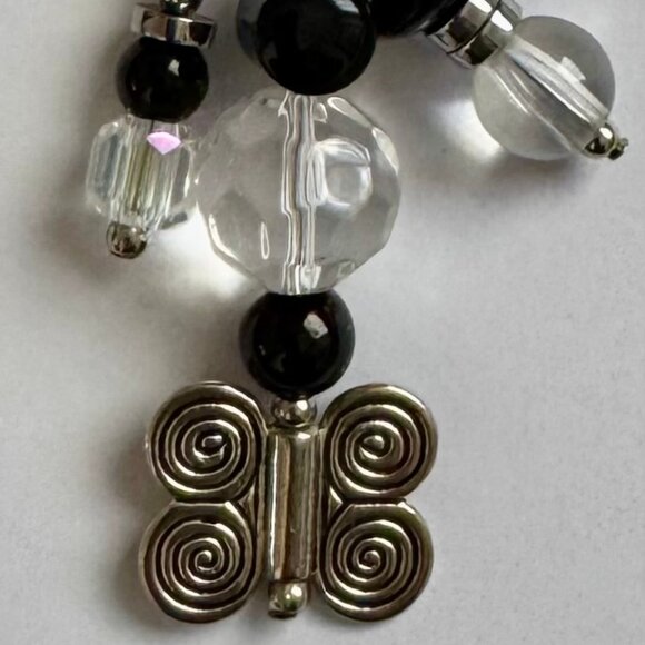 Necklace handmade 3 tier dangle silver butterfly black clear silver beads OOAK - Picture 8 of 10